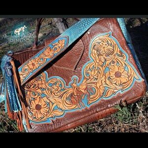 Brown and Blue Croc-Embossed Tote Bag